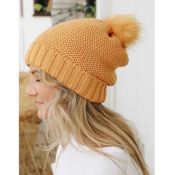 Mustard Pom Faux Sherpa Lined Knit Beanie - Picture 1 of 4